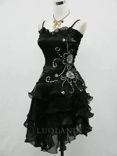 Luolandi Vintage Black Straps Short Prom Dress Ruffle Homecoming Dress Charming Evening Party Dress Graduation Dress